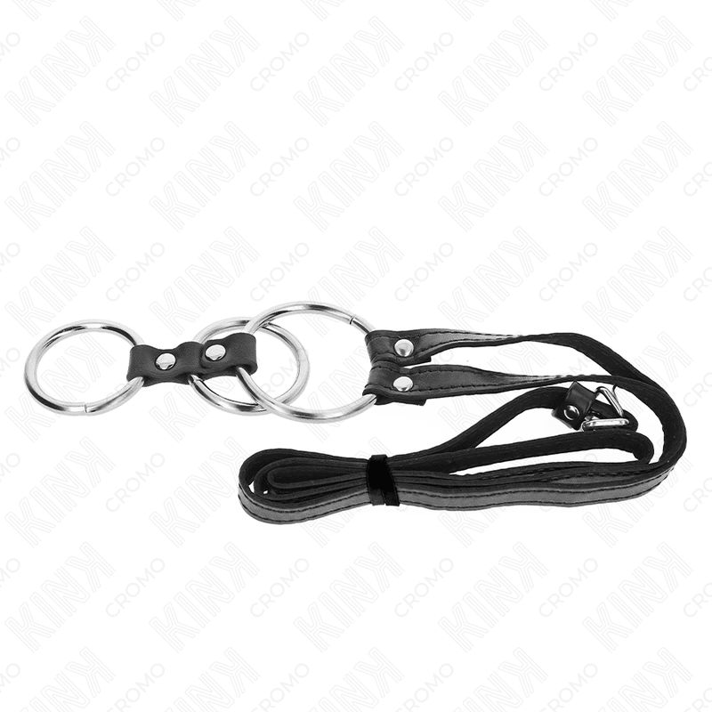 KINK - TRIPLE METAL PENIS RING 3.8 CM TO 5 CM WITH LEATHER BELT 112 CM - Kink&Play