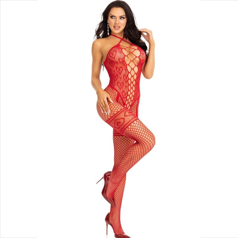 LEG AVENUE - BODYSTOCKING NECK HALTER RED HEARTS RED - Kink&Play