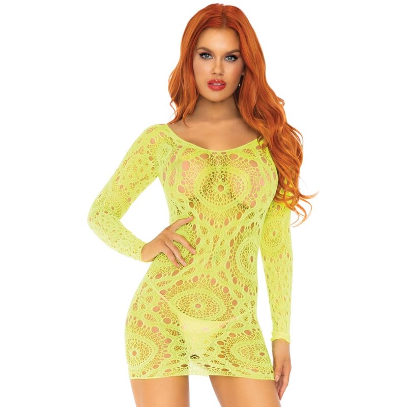 LEG AVENUE - CROCHET LACE LONG SLEEVE MINI DRESS NEON ONE SIZE - Kink&Play