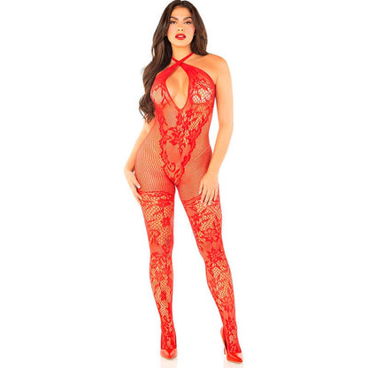 LEG AVENUE - FLOWER PRINT MESH BODYSTOCKING RED ONE SIZE - Kink&Play