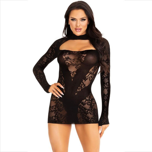 LEG AVENUE - MINI DRESS WITH LACE LONG SLEEVE BLACK - Kink&Play