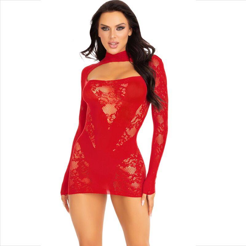 LEG AVENUE - MINI DRESS WITH LACE LONG SLEEVE RED - Kink&Play