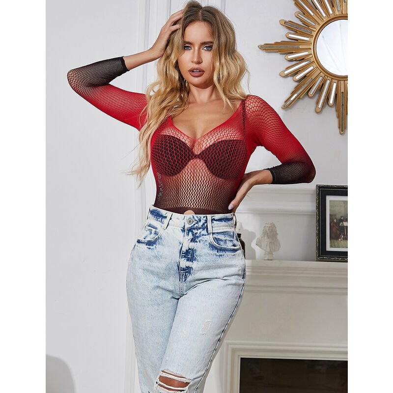 SUBBLIME - 952259 RED AND BLACK GRADIENT LONG SLEEVE ELASTIC FISHNET DRESS ONE SIZE - Kink&Play