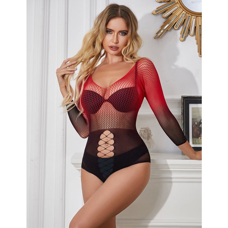 SUBBLIME - 952259 RED AND BLACK GRADIENT LONG SLEEVE ELASTIC FISHNET DRESS ONE SIZE - Kink&Play