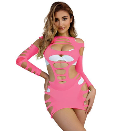SUBBLIME - 952273 LONG SLEEVE ELASTIC FISHNET DRESS PINK ONE SIZE - Kink&Play