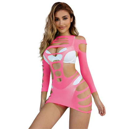 SUBBLIME - 952273 LONG SLEEVE ELASTIC FISHNET DRESS PINK ONE SIZE - Kink&Play