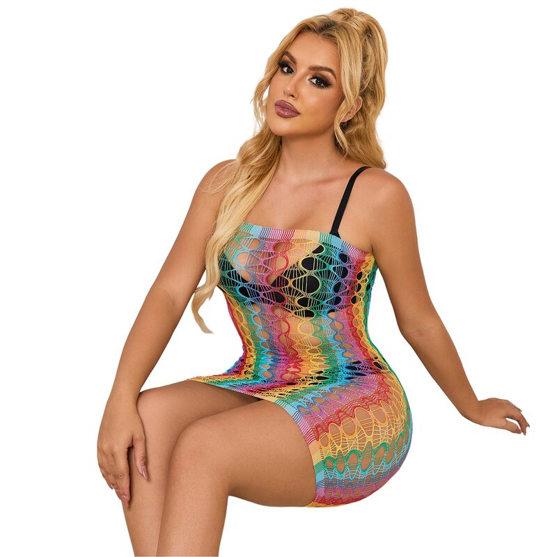 SUBBLIME - 952365 RAINBOW BARE SHOULDER FISHNET DRESS ONE SIZE - Kink&Play