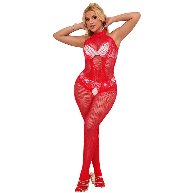 SUBBLIME - 952372 FISHNET AND LACE CROTCHLESS BODYSTOCKING WITH HIGH NECK RED ONE SIZE - Kink&Play