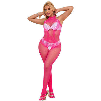 SUBBLIME - 952389 FISHNET AND LACE CROTCHLESS BODYSTOCKING WITH HIGH NECK PINK ONE SIZE - Kink&Play