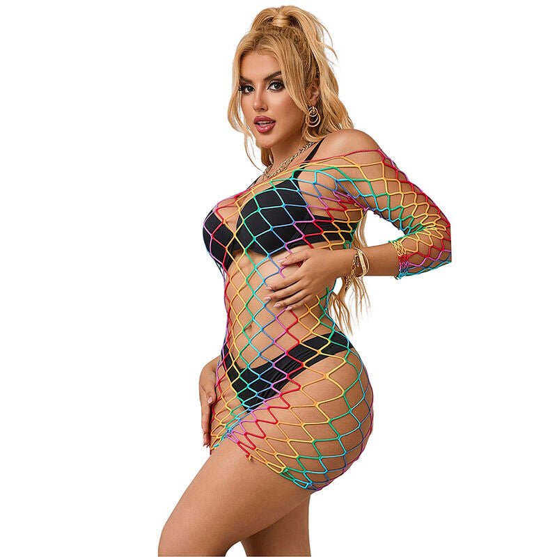 SUBBLIME - 952426 RAINBOW LONG SLEEVE FISHNET DRESS ONE SIZE - Kink&Play