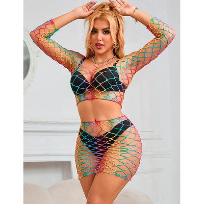 SUBBLIME - 952440 2 - PIECE FISHNET SET LONG SLEEVE RAINBOW ONE SIZE - Kink&Play