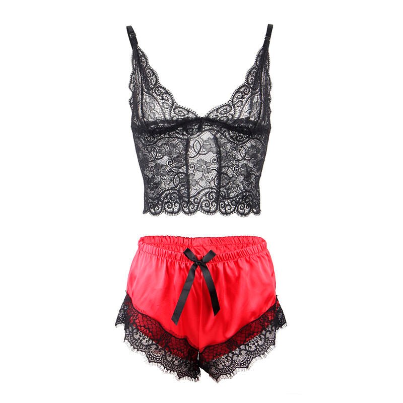 SUBBLIME - 953959 CASUAL SILK NIGHTGOWN + LACE PANTS BLACK/RED S/M - Kink&Play