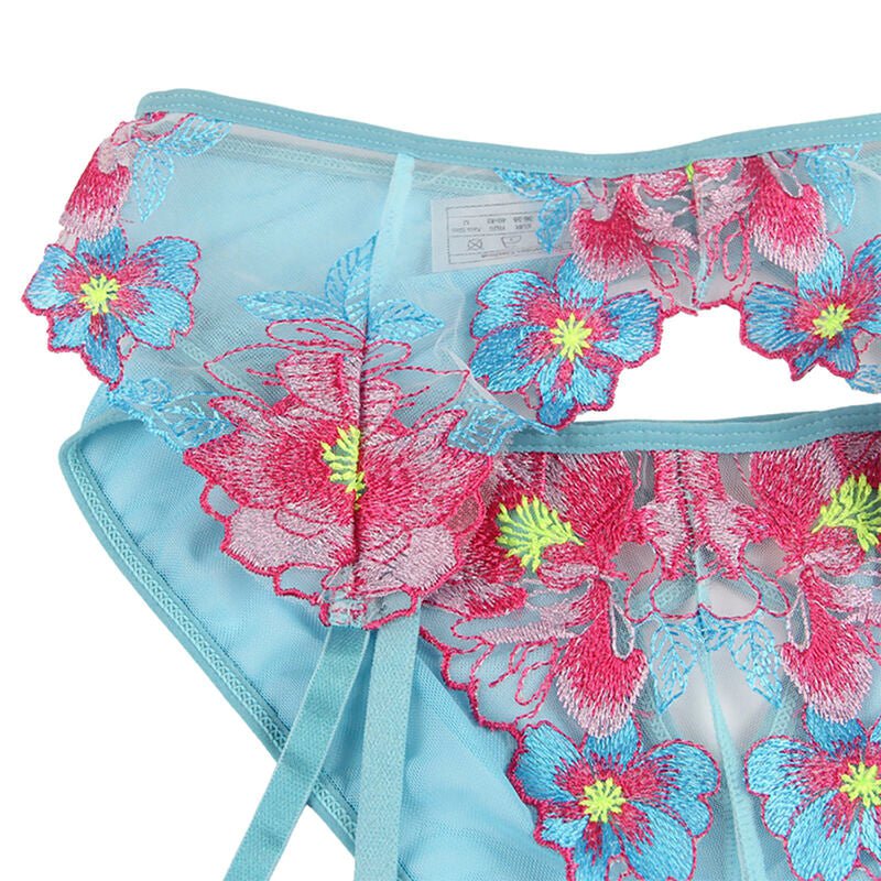 SUBBLIME - 954109 BRA + PANTIES WITH GARTER BELT FLORAL DESIGN BLUE S/M - Kink&Play