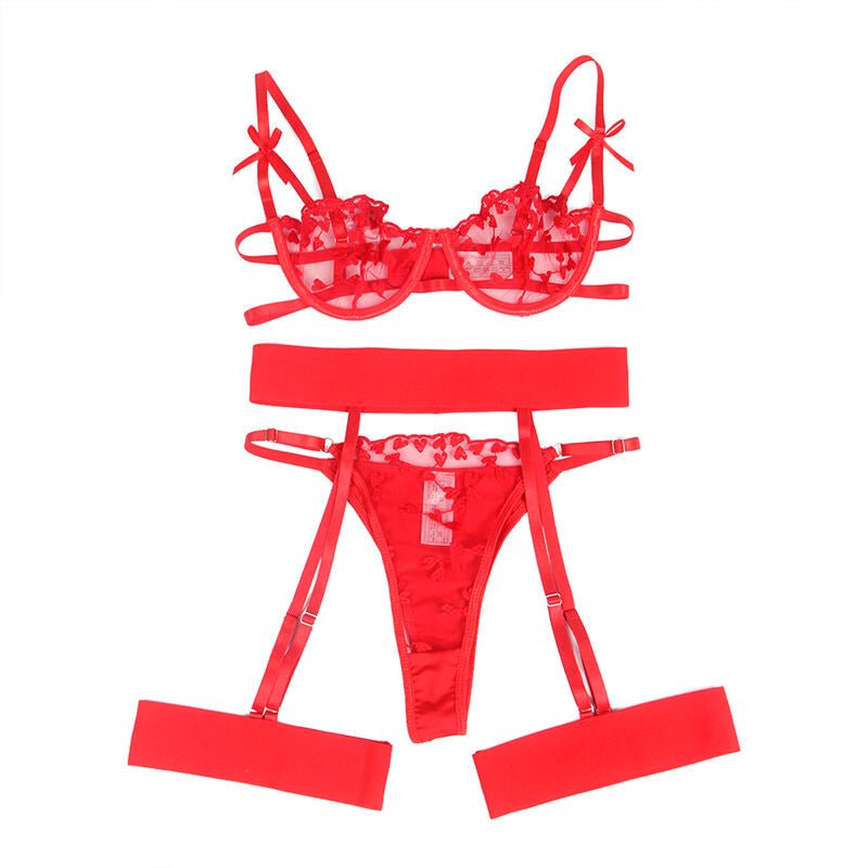 SUBBLIME - 954321 HEART PRINT BRA + THONG + GARTER BELT RED S/M - Kink&Play