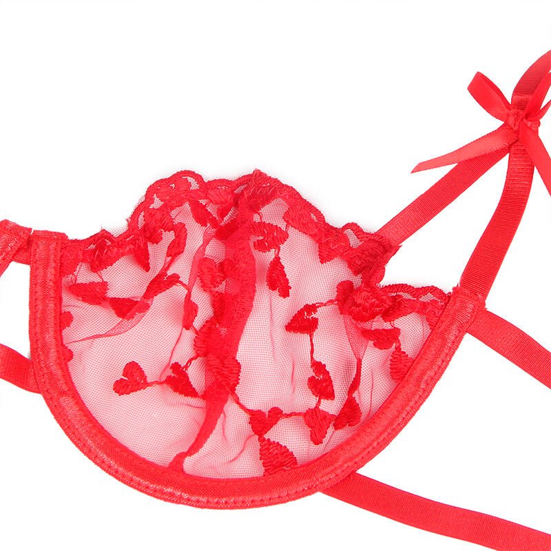 SUBBLIME - 954338 HEART PRINT BRA + THONG + GARTER BELT RED L/XL - Kink&Play