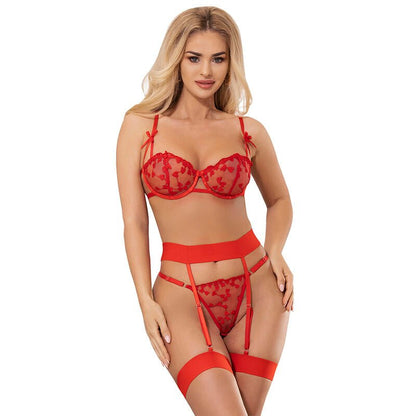 SUBBLIME - 954338 HEART PRINT BRA + THONG + GARTER BELT RED L/XL - Kink&Play