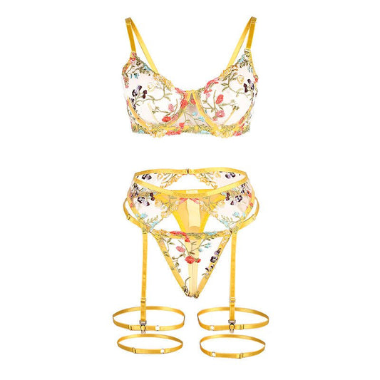SUBBLIME - 954345 BRA + THONG + GARTER BELT FLORAL DESIGN YELLOW S/M - Kink&Play