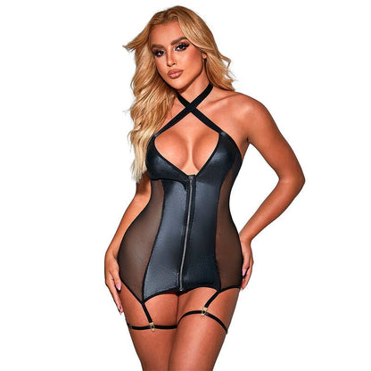 SUBBLIME - 954451 SEXY MESH DRESS LEATHER BLACK L/XL - Kink&Play