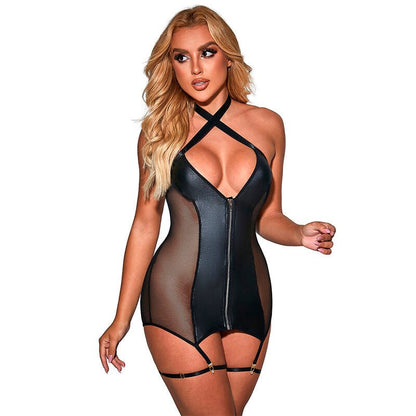 SUBBLIME - 954451 SEXY MESH DRESS LEATHER BLACK L/XL - Kink&Play