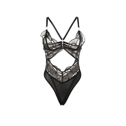 SUBBLIME - 955212 TRANSPARENT BODYSUIT WITH BLACK HOLLOW LACE S/M - Kink&Play