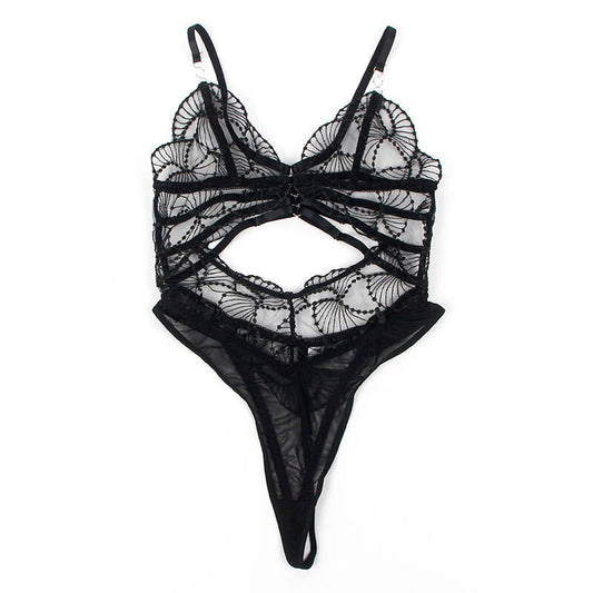 SUBBLIME - 955212 TRANSPARENT BODYSUIT WITH BLACK HOLLOW LACE S/M - Kink&Play