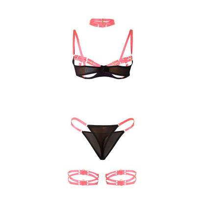 SUBBLIME - 955298 BRA SET WITH NECKLACE AND LEG DETAILS FLUORESCENT PINK S/M - Kink&Play