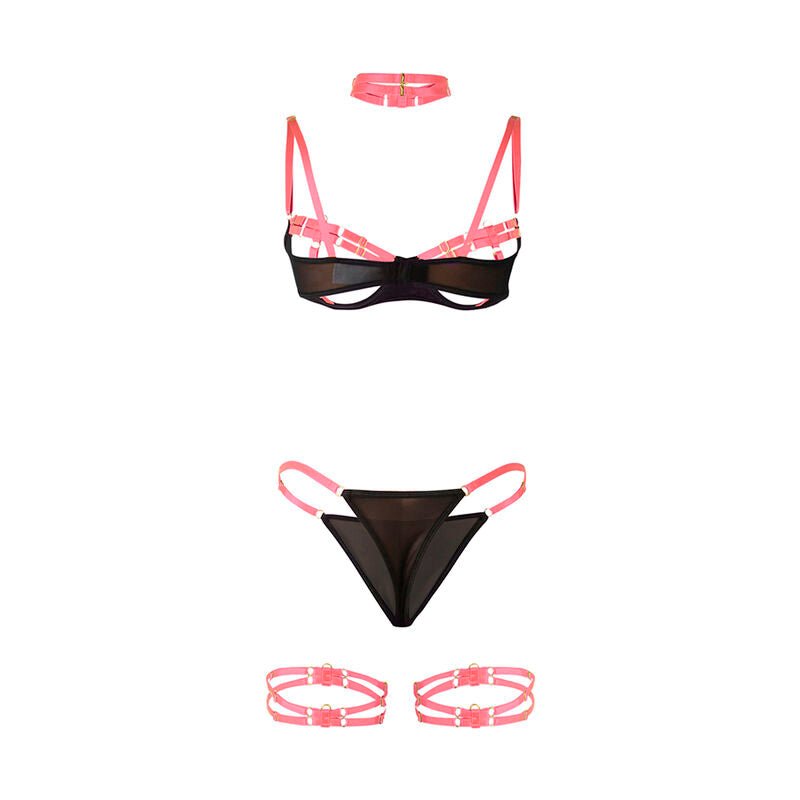 SUBBLIME - 955298 BRA SET WITH NECKLACE AND LEG DETAILS FLUORESCENT PINK S/M - Kink&Play