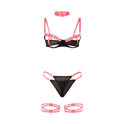 SUBBLIME - 955304 BRA SET WITH NECKLACE AND LEG DETAILS FLUORESCENT PINK L/XL - Kink&Play