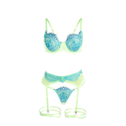 SUBBLIME - 955311 SET OF BRA WITH LACE AND GARTER LINES GREEN AND BLUE S/M - Kink&Play