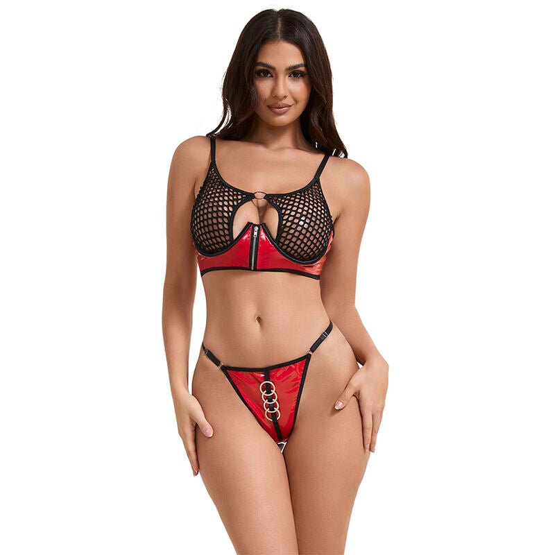 SUBBLIME - 955540 RED PATENT LEATHER MESH ZIPPER BRA SET L/XL - Kink&Play