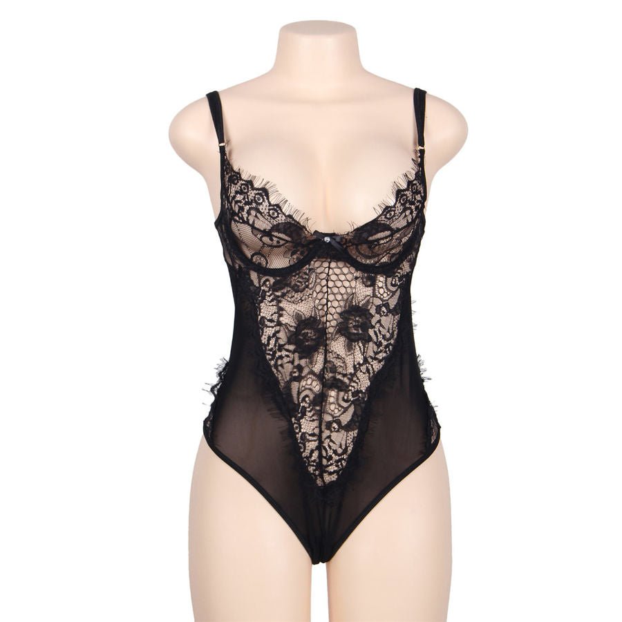 SUBBLIME - QUEEN PLUS FLORAL LACE AND FRINGED BLACK TEDDY - Kink&Play