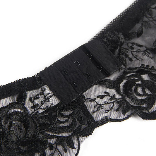 SUBBLIME - SET OF 3 PIECES BRA + THONG + GARTER FLORAL PRINT BLACK S/M - Kink&Play